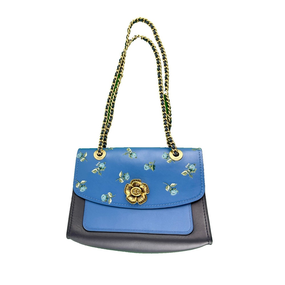 Coach Floral Blue & Black 54939 PARKER Chain Shoulder Bag Signed by Selena Gomez